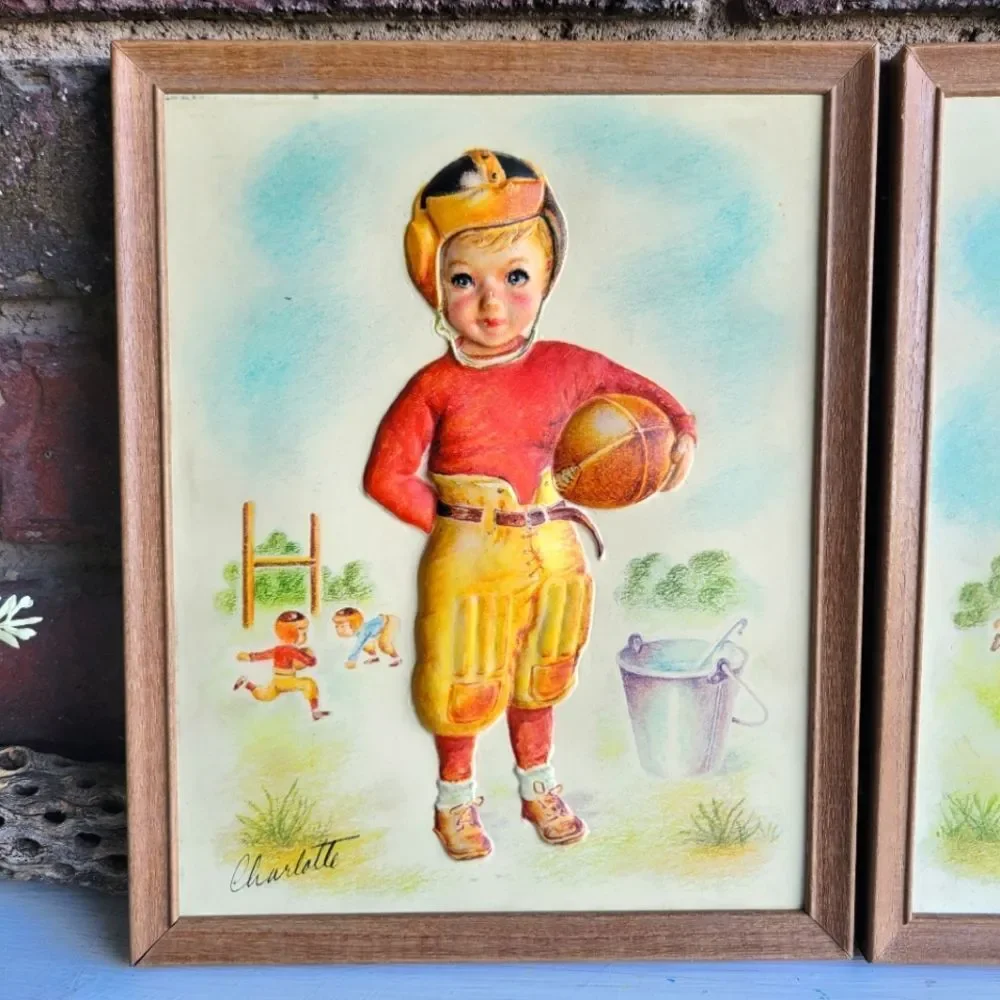 Pair of 1950's Metalcraft Framed 3D Baseball & Football Prints ⚾ 🏈 - Picture 3 of 14